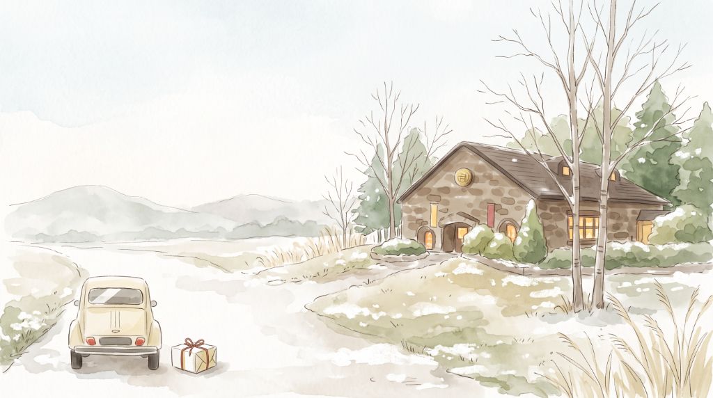 雪のなかの蔵人の店舗（水彩画）